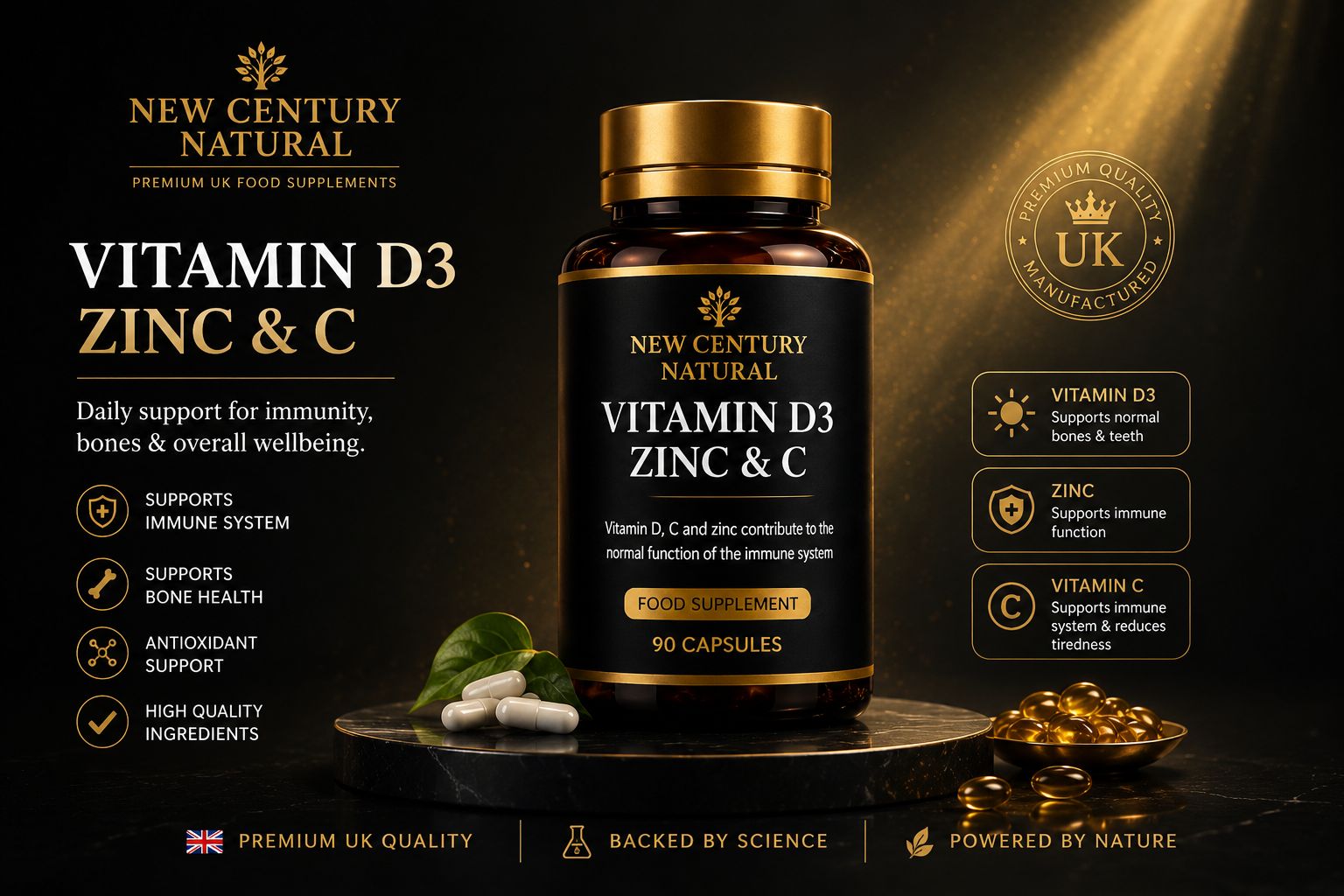 New Century Natural Vitamin D3, Zinc & C – Immune & Wellness Support | 90 Capsules