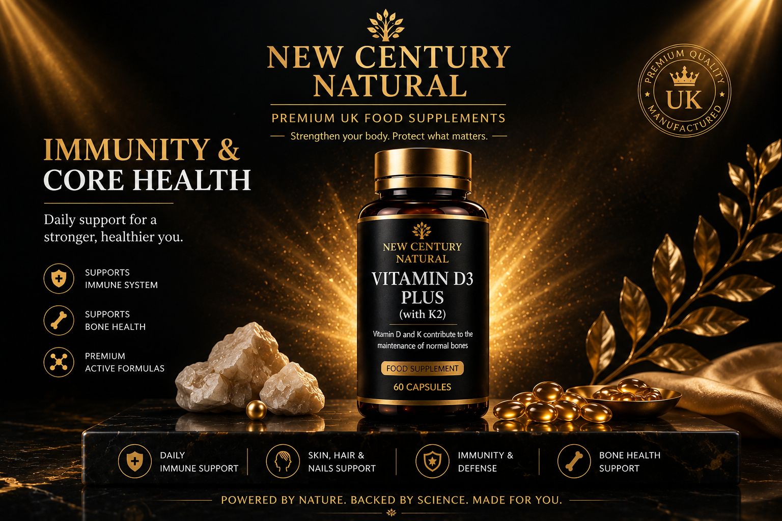 New Century Natural Vitamin D3 Plus with K2 – Premium Bone & Wellness Support | 60 Capsules