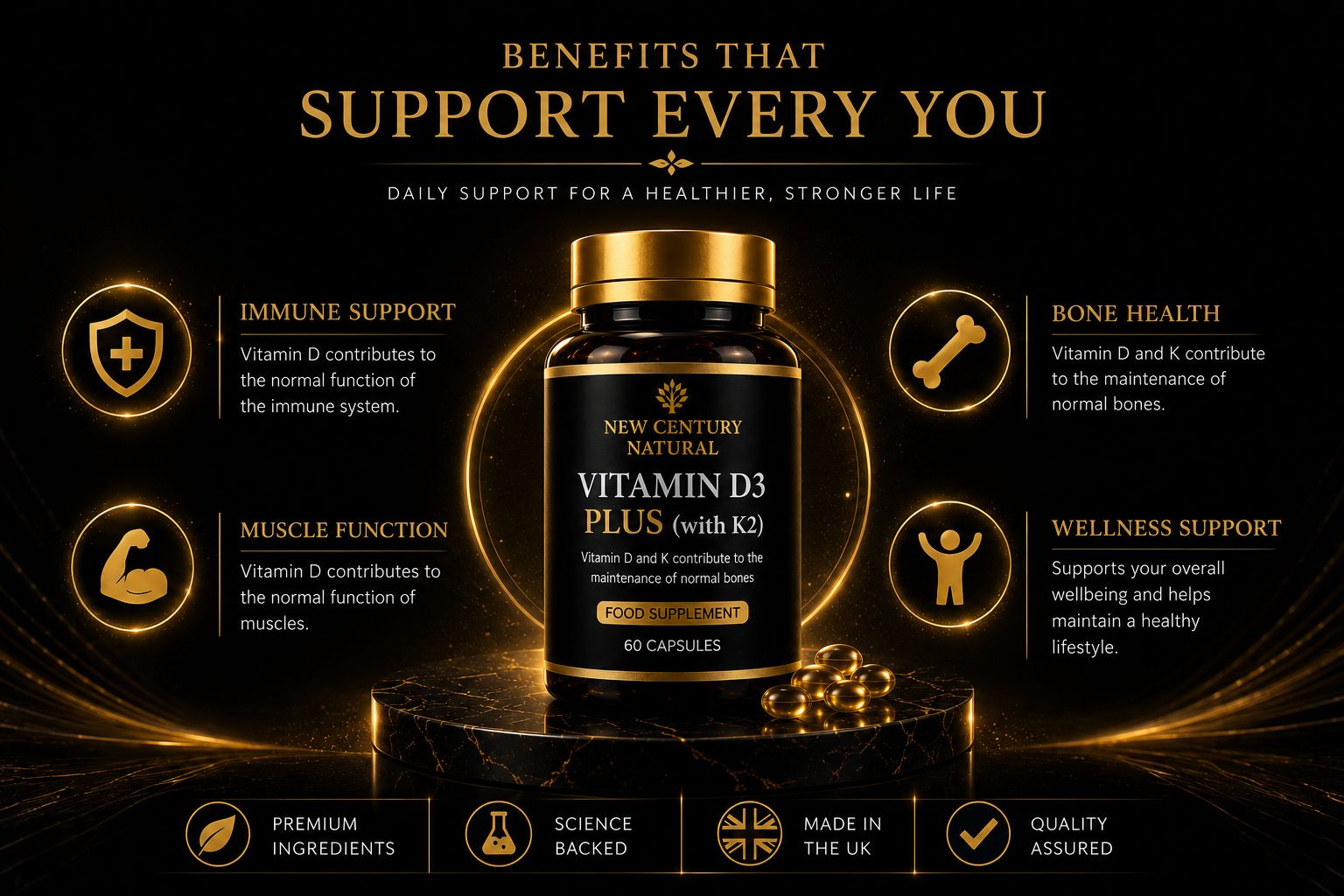 New Century Natural Vitamin D3 Plus with K2 – Premium Bone & Wellness Support | 60 Capsules